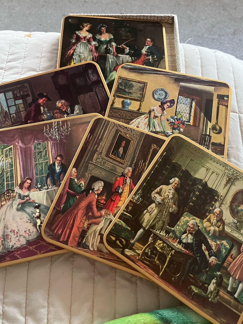 Vintage boxed Win El Ware set of 6 Victorian themed Coasters/Gold Trim